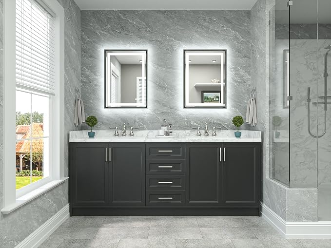 22 x 30 Bathroom LED Mirror Brushed Gunmetal Gray/Off‑Black Metal Frame Frontlit & Backlit Vanity Mirror Anti-Fog Stepless Dimmable 3 Colors White/Warm/Natural Mirror with Lights Wall-Mounted