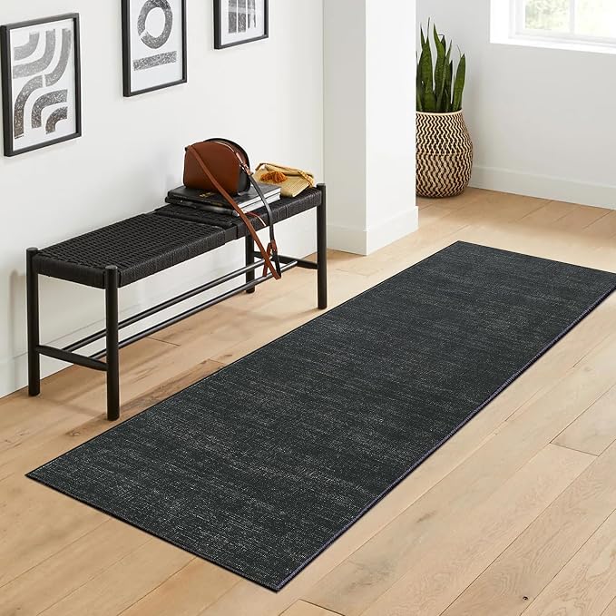 Garvee Washable Runner Rug for Hallway 2x6 Black Solid Color Bathroom Rug | Non Slip Non Shedding Modern Neutral Stain Resistant Low Pile Contemporary Accent Rugs for Entryway Bedroom Kitchen