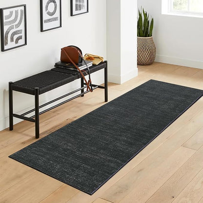 Garvee Washable Runner Rug for Hallway 2x6 Black Solid Color Bathroom Rug | Non Slip Non Shedding Modern Neutral Stain Resistant Low Pile Contemporary Accent Rugs for Entryway Bedroom Kitchen