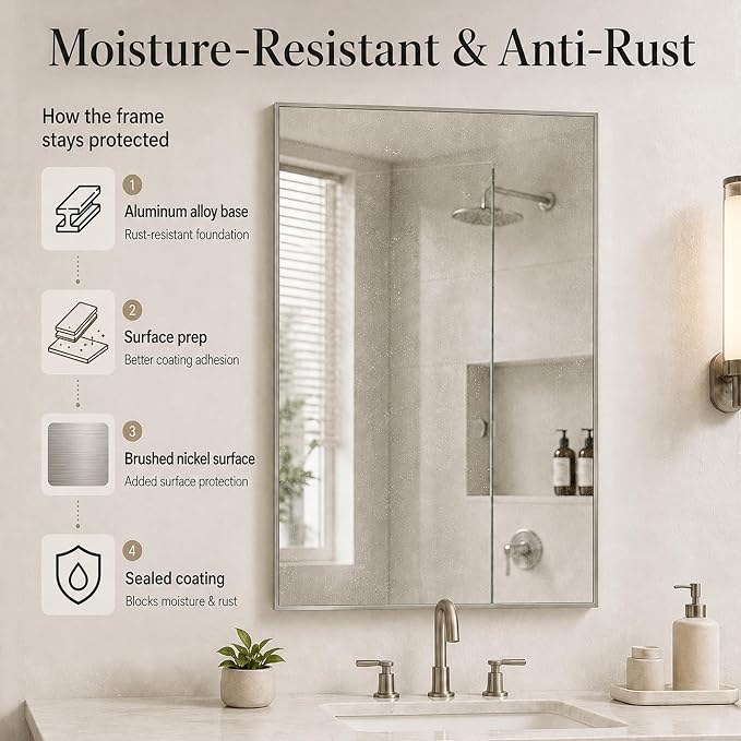 24"x36" Brushed Nickel Framed Rectangle Bathroom Vanity Wall Mirror | Over-Sink Vanity Mirror, Slim Metal Frame, Entryway or Dresser Use, Vertical/Horizontal Mount, Tempered Glass