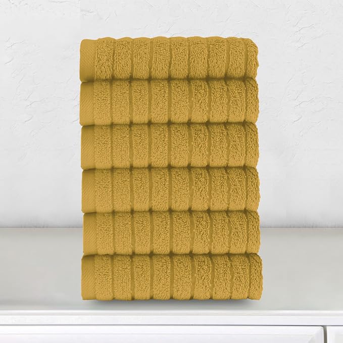 Elegant Comfort 100% Turkish Cotton Corduroy Ribbed Luxury Washcloths 6 Pack Soft 13 x 13 Inch - Higly Absorbent, Durable, Quick Dry, Spa Premium Hotel Quality for Bathroom or Travel, Gold