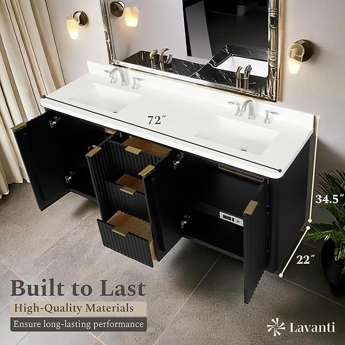 Lavanti Wooderna 72 Inch Bathroom Vanity with Sink – Stylish Firewood Black Vanity Bathroom with Storage Cabinet – Modern Bathroom Vanities with Double Vanity Sink & Quartz Countertop
