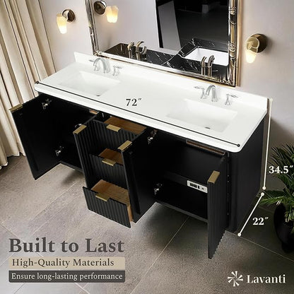 Lavanti Wooderna 72 Inch Bathroom Vanity with Sink – Stylish Firewood Black Vanity Bathroom with Storage Cabinet – Modern Bathroom Vanities with Double Vanity Sink & Quartz Countertop