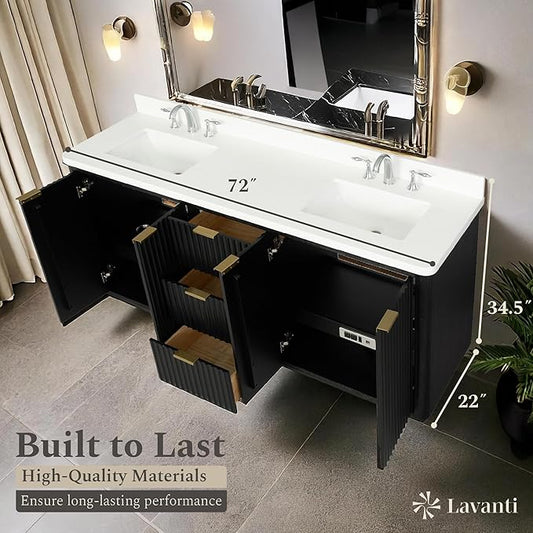 Lavanti Wooderna 72 Inch Bathroom Vanity with Sink – Stylish Firewood Black Vanity Bathroom with Storage Cabinet – Modern Bathroom Vanities with Double Vanity Sink & Quartz Countertop