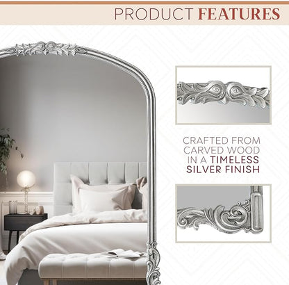 English Estate Carved Arch Wood Wall Mirror, Mirror for Entryway, Living Room, Bathroom, Antique Silver, 25.6x33.4