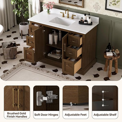 48 Inch Walnut Bathroom Vanity with Sink, Freestanding Transitional Vanities, Soft Close Parquet Doors & Dovetail Drawers, Fully Assembled Solid Wood Vanity for Bathroom Renovation