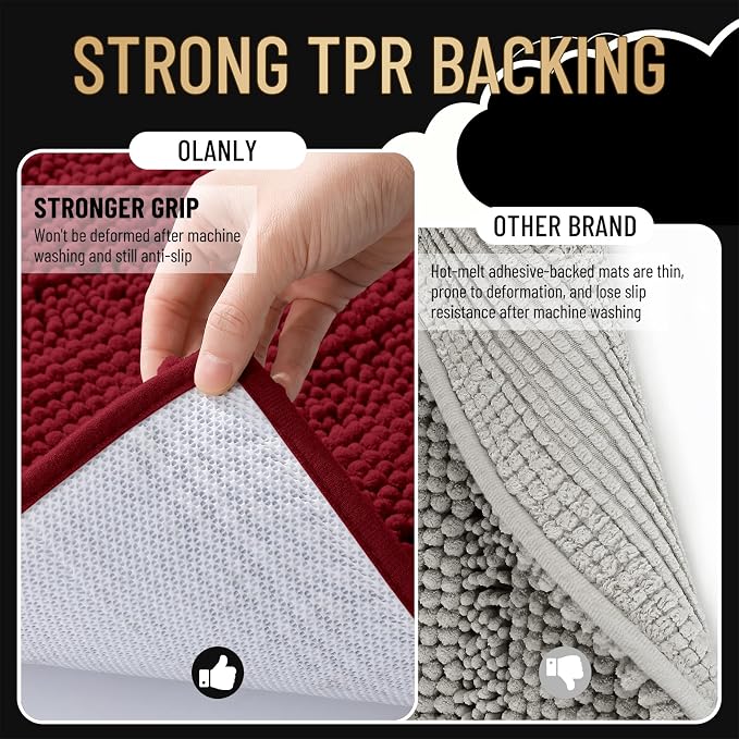 OLANLY Thick Bathroom Rugs 36x24, Soft Chenille Striped Bath Rugs, Red | Rubber Backing, Machine Wash, Extra Absorbent Bath Mats for Bathroom Floor, Tub and Shower, Home Decor Accessories