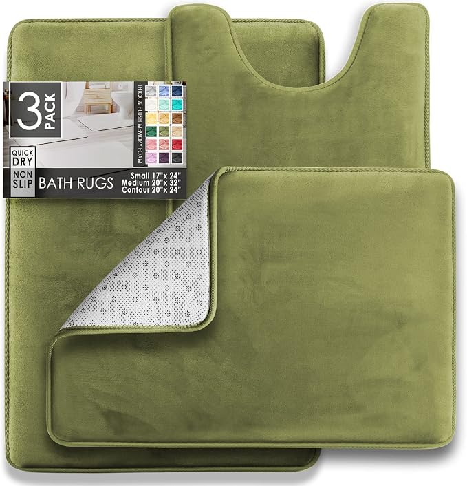 Clara Clark 3 Piece Bathroom Rugs Bath Mat Set, Velvet Memory Foam Bath Mats for Bathroom - Non-Slip, PVC Backing Bath Rugs, Washable - Dries Quickly, Green