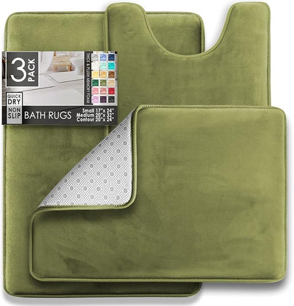 Clara Clark 3 Piece Bathroom Rugs Bath Mat Set, Velvet Memory Foam Bath Mats for Bathroom - Non-Slip, PVC Backing Bath Rugs, Washable - Dries Quickly, Green