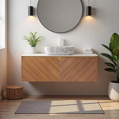 Floating Bathroom Vanity with Sink, 48" Bathroom Storage Cabinet with Sintered Stone Countertop & Marble-Pattern Ceramic Basin, Wall-Mounted Vanity with 2 Twill Pattern Doors, Brown Oak