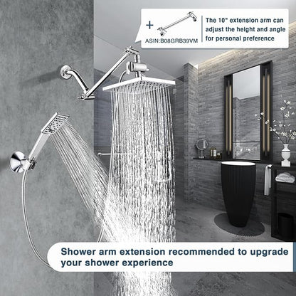 BRIGHT SHOWERS Rain Shower Head with Handheld Spray, 8 Inch High Pressure Rainfall Shower Head Combo with 60” Hose, Adjustable Dual Square Showerhead with 3-Way Diverter, Wall Bracket, Chrome