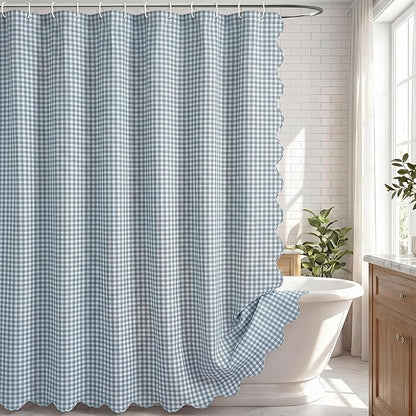 HunnmingRe Scalloped Gingham Shower Curtain Dust Blue | 72'' x 72'' Vintage Farmhouse Curtain, Cotton Cottage Core Rural Checkered Plaid Decor, Fall Shower Curtain for Bathroom