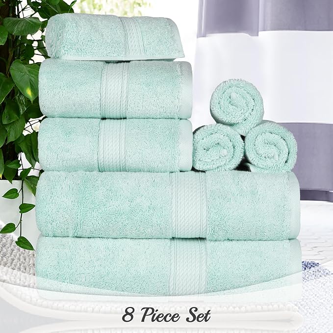 SUPERIOR Egyptian Cotton Ultra Plush & Absorbent, 8 Piece Set, Sea Foam | Quick Dry, Soft Luxury Towel Set, Bath Essentials, Guest Bath, Spa, 2 Bath, 2 Hand, 4 Face Towels, Madeline Towels