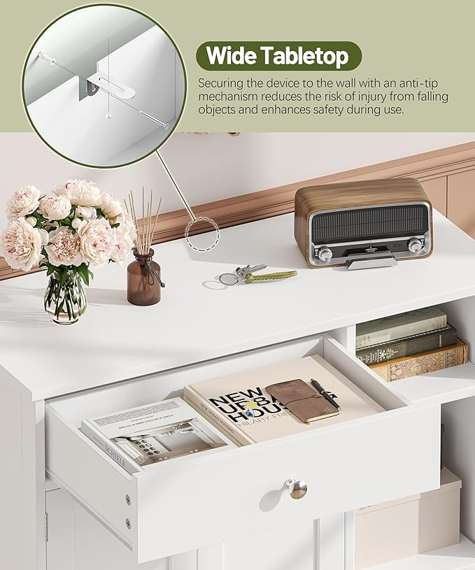 White Bathroom Floor Cabinet with Large Drawer, Floor Storage Cabinet with Doors & Adjustable Shelves, Modern Storage Cupboard with 3 Open Space for Living Room, Entryway, Dining Room