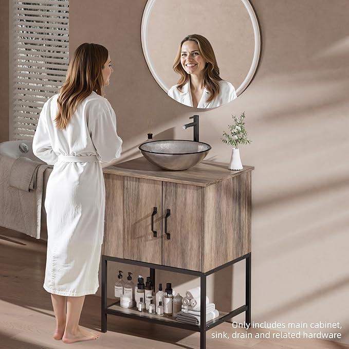 VNN Small Bathroom Vanity with Sink - 24 Inch Vanity with Sink, Freestanding Cabinet with Open Shelf, Modern Iron Wood Bathroom Cabinet with Countertop Tempered Glass Vessel, Grey