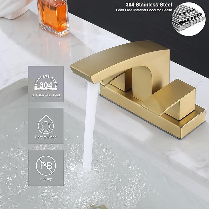 Gold Bathroom Sink Faucet Centerset, Stainless Steel Brushed Gold Faucet for Bathroom Sink with Pop Up Drain Assembly and cUPC Supply Lines, 4 in Center Set 2 Handle Bathroom Faucet Matte Gold