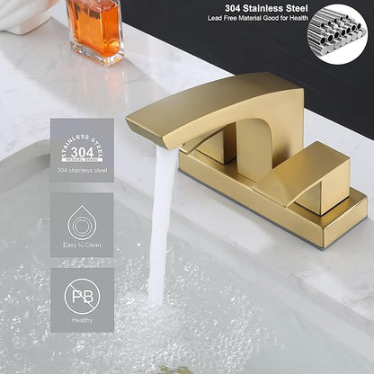 Gold Bathroom Sink Faucet Centerset, Stainless Steel Brushed Gold Faucet for Bathroom Sink with Pop Up Drain Assembly and cUPC Supply Lines, 4 in Center Set 2 Handle Bathroom Faucet Matte Gold