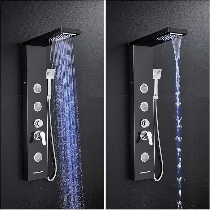 Multi-Function LED Lights Shower Panel System Black, 5 in 1 Shower Panel Include Rainfall & Waterfall Shower Head, 3 Pcs Adjustable Massage Jets, Handheld Shower, Tub Spout
