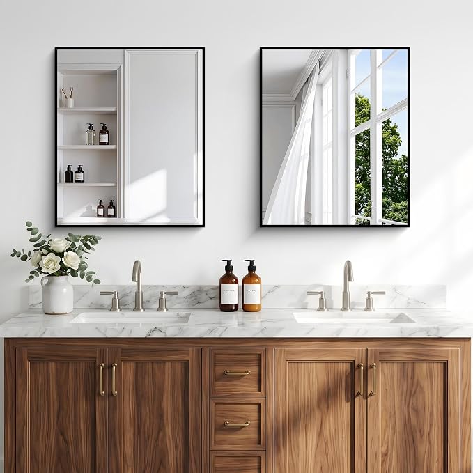 BONEWEI Bathroom Mirror,20x24 inch Wall Mirror for Bathroom Wall Mounted Black Rectangle Square Corner Mirrors,Black Bathroom Mirror for Living Room,Farmhouse,Bedroom Entryway,Horizontal/Vertical