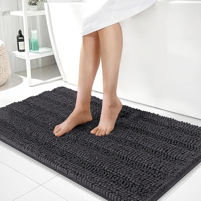 OLANLY Thick Large Bathroom Rugs 40x24, Soft Chenille Bath Rugs, Dark Grey | Absorbent Striped, Rubber Backing, Machine Wash Dry, Bath Mats for Bathroom Floor, Tub and Shower, Home Decor Accessories