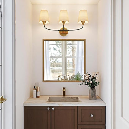 Morauroral Bathroom Light Fixtures Over Mirror, 3 Light Vanity Light for Bathroom, Black Gold Vanity Light Fixtures with Fabric Linen Shade, E26 Socket Sconce Wall Decor(ETL Listed)