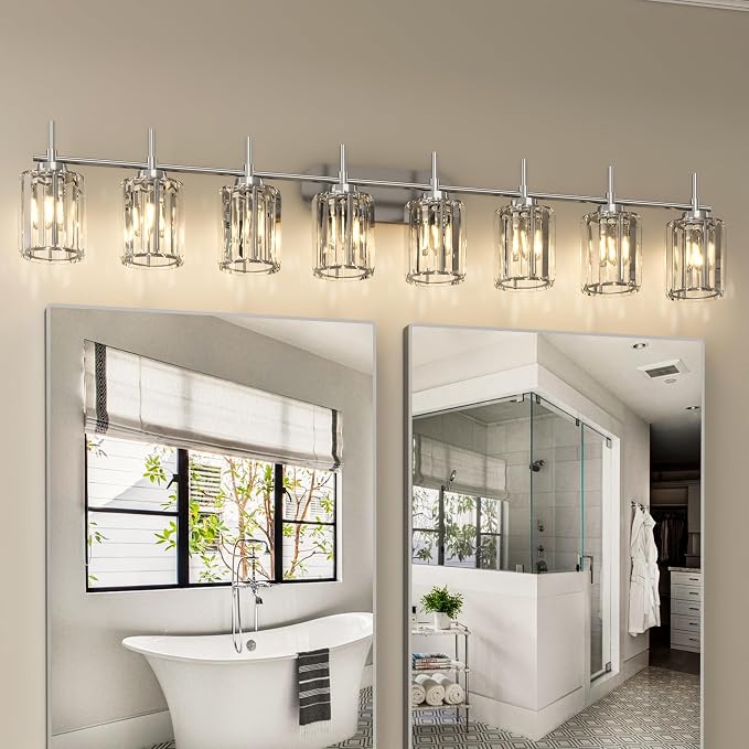 Hasipu Bathroom Vanity Light Fixtures, 8-Light Nickel Vanity Wall Light Bar with Clear Glass Shade, Lighting Fixtures Over Mirror for Bathroom Bedroom Living Room Hallway Cabinet Porch