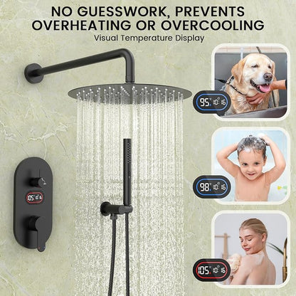 Longriver Round Shower Faucet Set with Hydro Power Temperature Display | Shower System 12" Shower Head with Handheld Spray, Wall Mounted Shower Fixtures with Shower Valve and Trim Kit, Matte Black