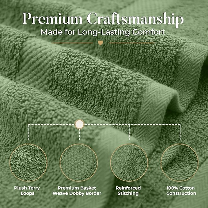 DAN RIVER 600 GSM Cotton Large Bath Towels Set of 4, 27 x 54 Inches, Green | Larger & Lighter Weight Towels for Bathroom - Highly Absorbent & Quick Dry 100% Cotton Bath Towel Set for Home, Spa & Hotel
