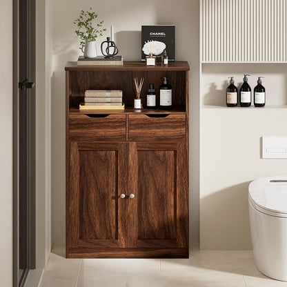 Vongrasig Bathroom Storage Cabinet, 42.5" H Freestanding Floor Cabinet | Wooden Modern Cabinet with 2 Drawers, Open Shelf and Adjustable Shelf for Bathroom, Laundry Room and Entryway, Walnut