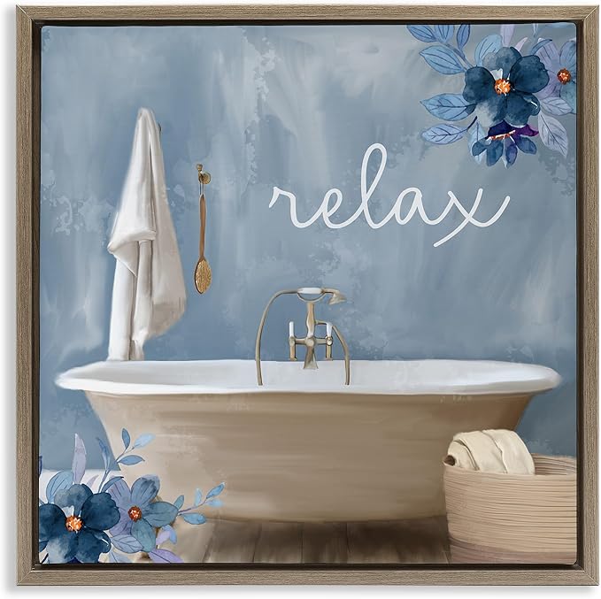 Blue Floral Bathroom Relax Scene, 24 x 24 Inch Canvas in Floater Frame | Stupell Industries · By Kim Allen · Ready to hang · Perfect for bath or laundry decor · Made in USA