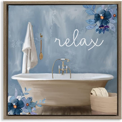 Blue Floral Bathroom Relax Scene, 17 x 17 Inch Canvas in Floater Frame | Stupell Industries · By Kim Allen · Ready to hang · Perfect for bath or laundry decor · Made in USA