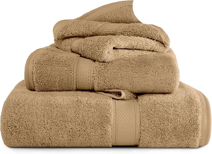 SUPERIOR Egyptian Cotton Ultra Plush & Absorbent, 3 Piece Set, Toast | Quick Dry, Soft Luxury Towel Set, Bath Essentials, Guest Bath, Spa, 1 Bath, 1 Hand, 1 Face Towels, Madeline Towels