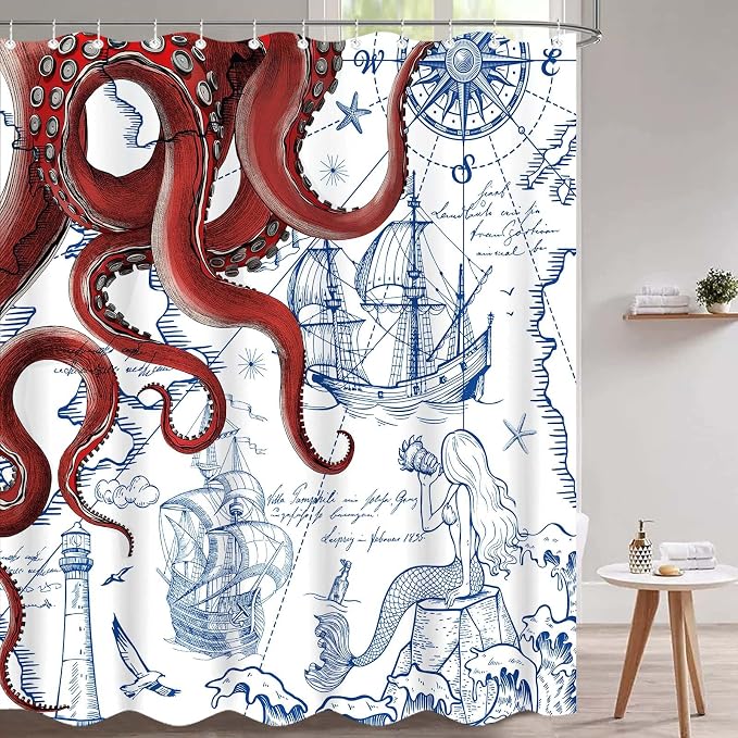 Fungarth Long Red Nautical Octopus Shower Curtain Navy Blue Mermaid Funny Ocean Kraken Shower Curtains for Bathroom Cool Anchor Coastal Map Waterproof Fabric Bath Curtain Decor (Red, 72” x 78”)