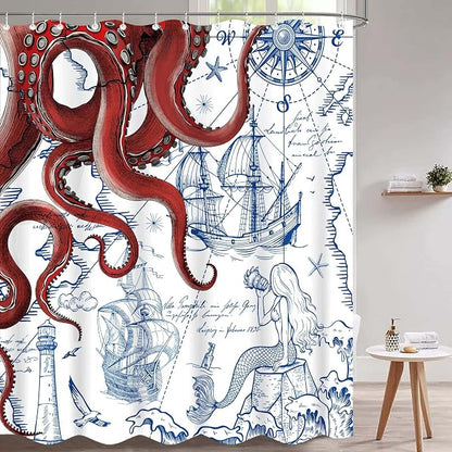Fungarth Long Red Nautical Octopus Shower Curtain Navy Blue Mermaid Funny Ocean Kraken Shower Curtains for Bathroom Cool Anchor Coastal Map Waterproof Fabric Bath Curtain Decor (Red, 72” x 78”)