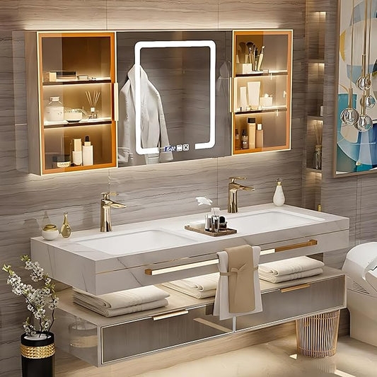 Bathroom Vanity with Sink - Single/Double Sink Bathroom Vanity & LED Fog Removal Mirror Cabinet, Modern Design, Wall-Mounted Floating Vanity (Double Sink, 64")