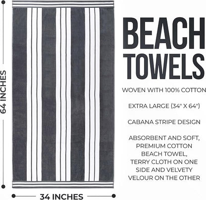 Superior Oversized Cotton Beach Towel Set of 4, Absorbent Towels For Bathroom, Beach, Pool, Swim, Adults, Kids, Vacation, Travel, Bath Sheet, Quick Dry Basics, Trip Essentials, Striped Decor, Charcoal
