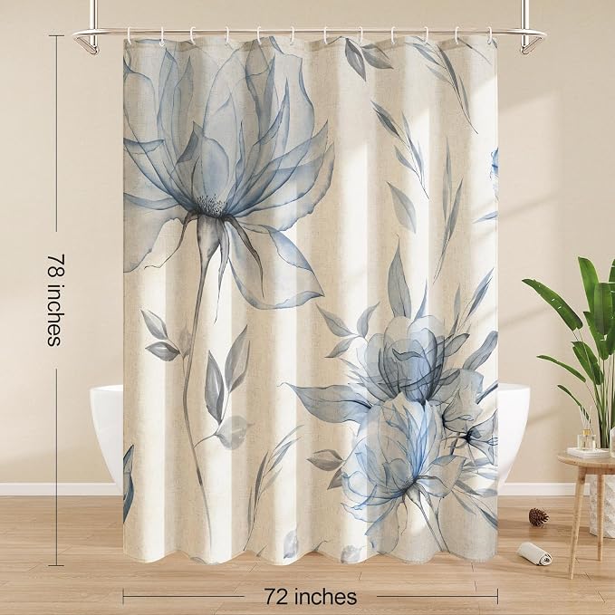 Blue Floral Linen Shower Curtain, Watercolor Botanical Design, 72 x 78 | Boho Floral Design, Watercolor Botanical Style, Ink Painting Flowers & Leaves, Linen Blend Fabric Curtain