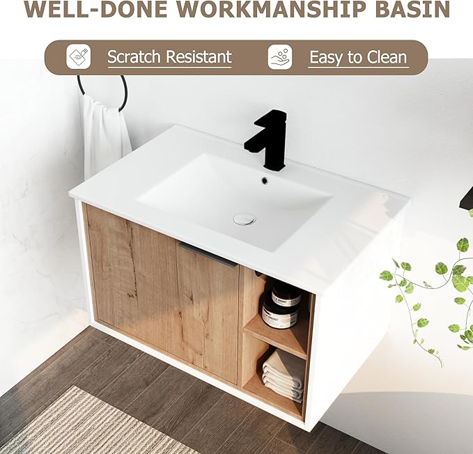 SSLine 30" Wall-Mount Bathroom Vanity Modern Floating Bathroom Vanity Set with Ceramic Sink Basin 24-Inch Oak Brown Small Bathroom Vanities with Storage Cabinet and Open Shelf