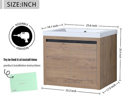 24 Inch Bathroom Vanity with Sink, 24" Floating Vanity, Premium Plywood Wooden Bathroom Cabinet with 2 Doors, Modern Wall Mounted Cabinet Set with White Ceramic Sink, Silent Operation (Oak)
