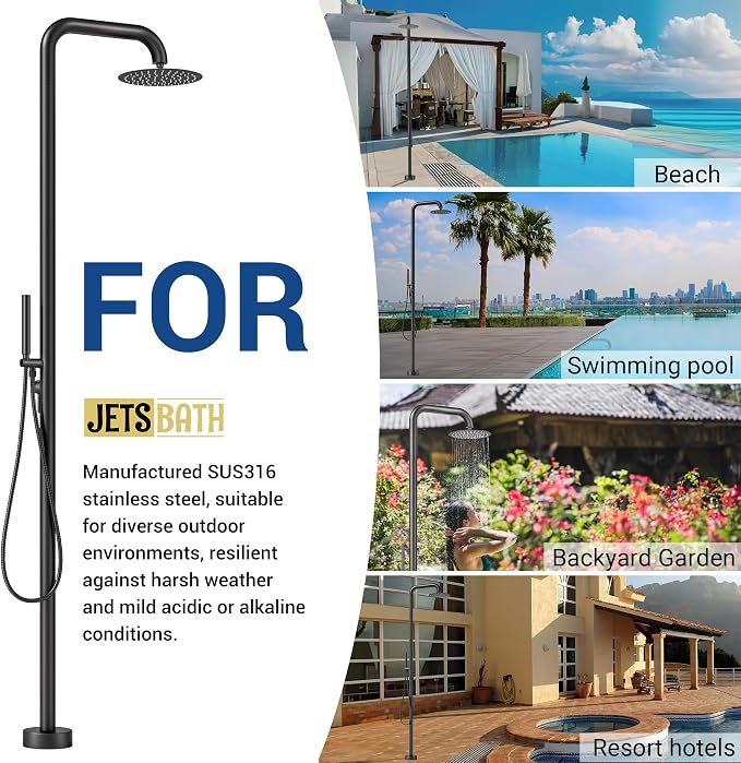 Freestanding Outdoor Shower Faucet Set, 316 Marine Grade Stainless Steel Outside Shower System for Backyard/Garden/Poolside/Beach,Outside Shower Faucet with Rain Shower Head & Handheld,Matte Black