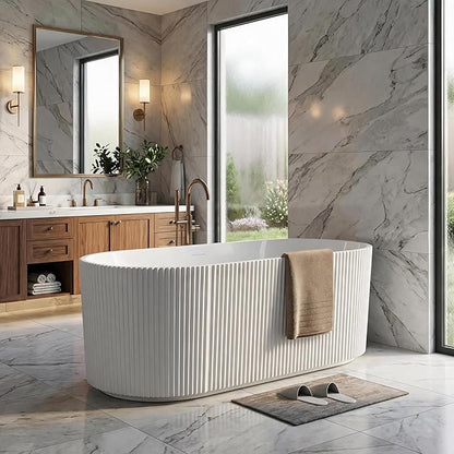 67" Freestanding Bathtub, Acrylic Soaking Tub with V Shape Pleated Design, Chrome Drain & Classic Slotted Overflow, CUPC Certified, Gloss White for Modern Bathroom