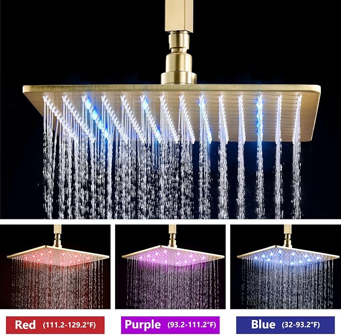 Aolemi Ceiling Shower Faucet Set with Handheld 12" LED Head Brushed Gold | Handheld Spray,12 Inch Rain LED Head,Shower Valve and Trim Kit,All Metal,Ceiling System,Bathroom Mixer