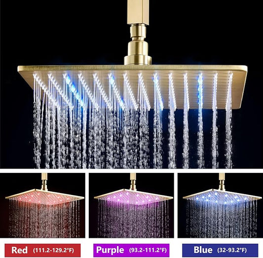 Aolemi Ceiling Shower Faucet Set with Handheld 12" LED Head Brushed Gold | Handheld Spray,12 Inch Rain LED Head,Shower Valve and Trim Kit,All Metal,Ceiling System,Bathroom Mixer