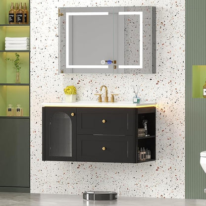36 inch Floating Bathroom Vanity with Sink, Soft-Close Storage Cabinet and 2 Drawers, Wall-Mounted Modern LED Bathroom Cabinet with Ceramic Integrated Sink, Black