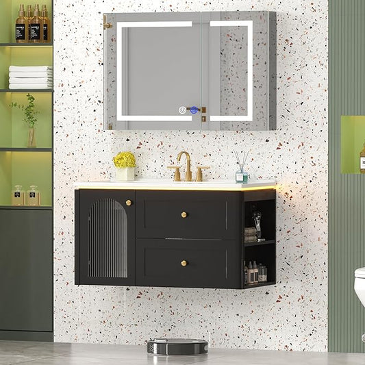 36 inch Floating Bathroom Vanity with Sink, Soft-Close Storage Cabinet and 2 Drawers, Wall-Mounted Modern LED Bathroom Cabinet with Ceramic Integrated Sink, Black