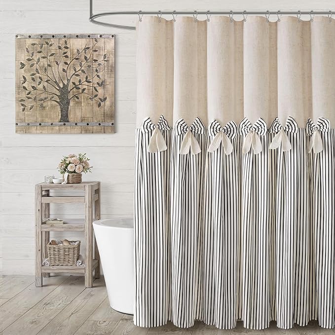 Farmhouse Shower Curtain Linen Bow Pleated Black Stripe 72"W x 72"L | Farmhouse Style, Chic Bow, Striped, Linen Fabric, Rustic, Country, Natural Look, Washable, for Bathroom Bathtub