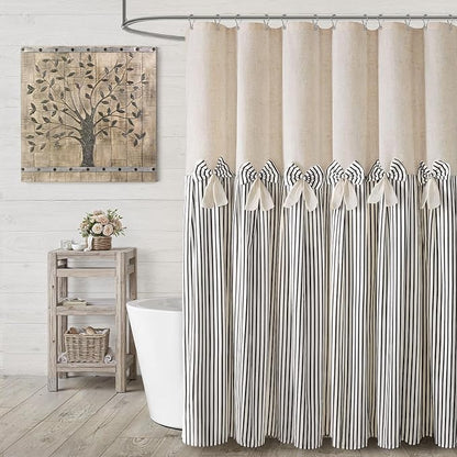 Farmhouse Shower Curtain Linen Bow Pleated Black Stripe 72"W x 72"L | Farmhouse Style, Chic Bow, Striped, Linen Fabric, Rustic, Country, Natural Look, Washable, for Bathroom Bathtub