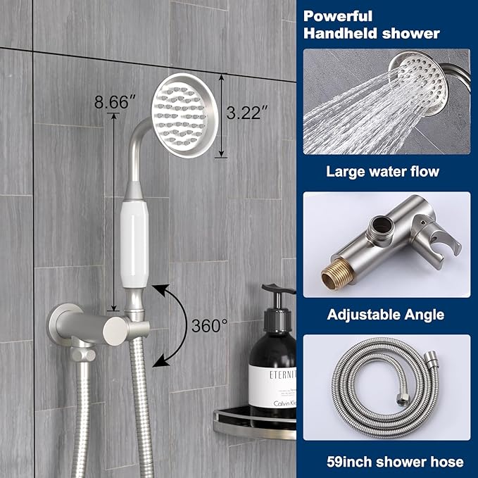 Antique Brass Shower System, 9" & 6" Dual Rain Heads and Handheld Spray Vintage Fixtures, 3-Function Dual Knob Valve with Separate Temperature Control, Brused Nickel