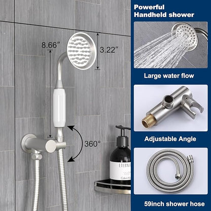 Antique Brass Shower System, 9" & 6" Dual Rain Heads and Handheld Spray Vintage Fixtures, 3-Function Dual Knob Valve with Separate Temperature Control, Brused Nickel