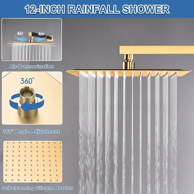 Dual Rainfall Shower Head System Brushed Gold, 3-Function Push Button Shower Faucet Set with 12" Wall Mount Rain shower head and 6" Wall Mount Shower Head, Pressure Balance Rough-in Valve